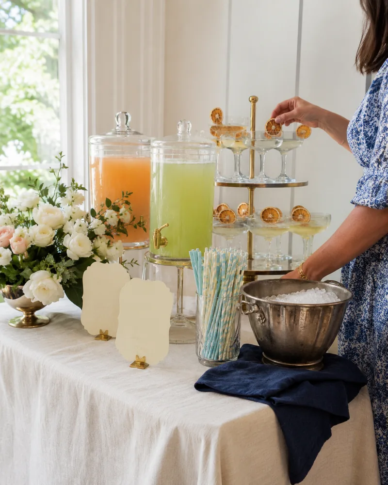 Styled mocktail table at a baby shower