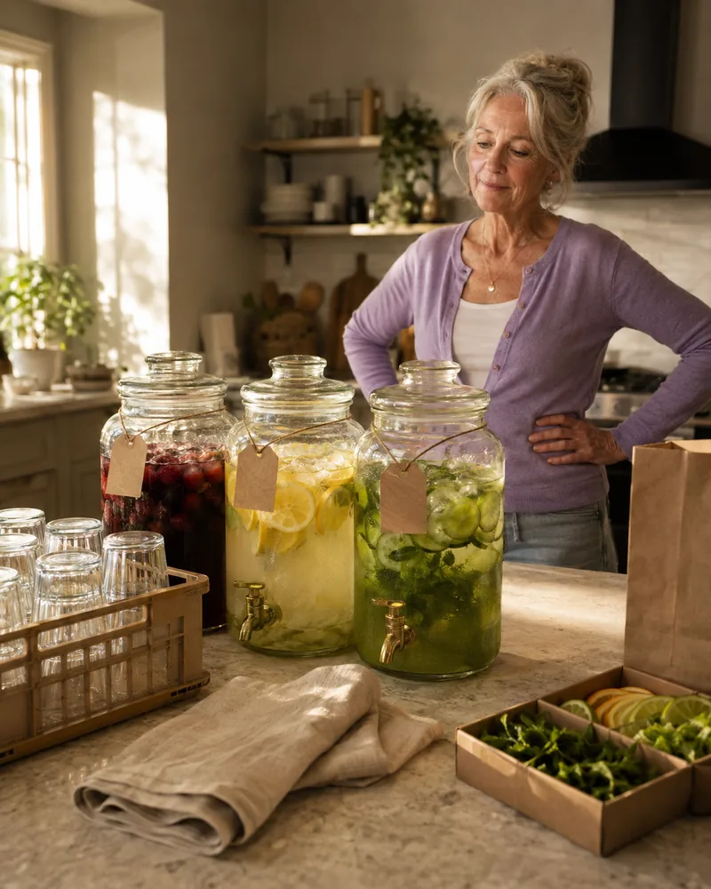 Home kitchen counter with batched mocktails in glass dispensers