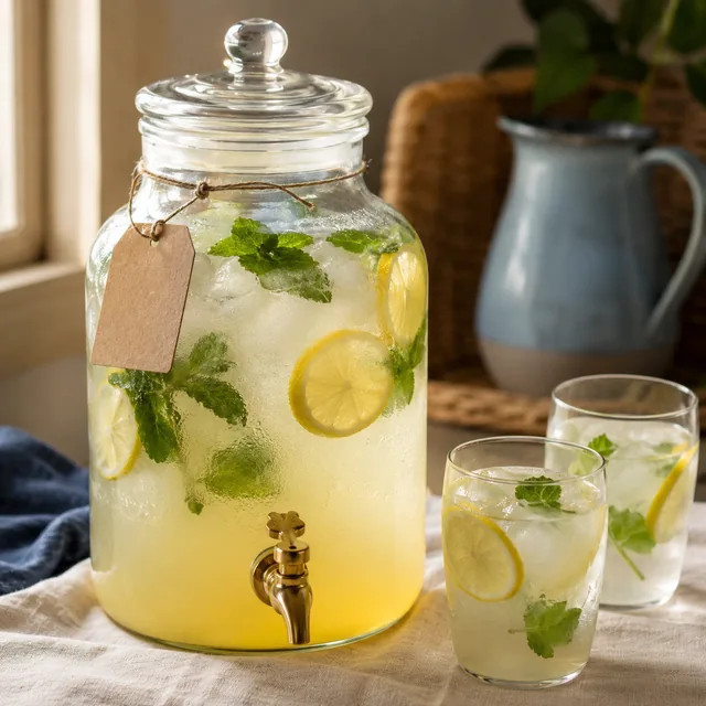 Drop-off mocktail station in glass dispensers